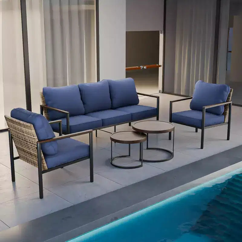 EAGLE PEAK Sunset Dune 5-teiliges Set, modernes Outdoor-Möbelset, Lounge-Set aus Korbgeflecht mit Holzmaserung für die Terrasse