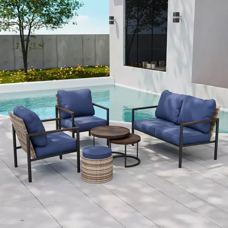 EAGLE PEAK Sunset Dune 6 Piece Collection Modern Outdoor Furniture Set, Patio Wicker Lounge Wood Grain