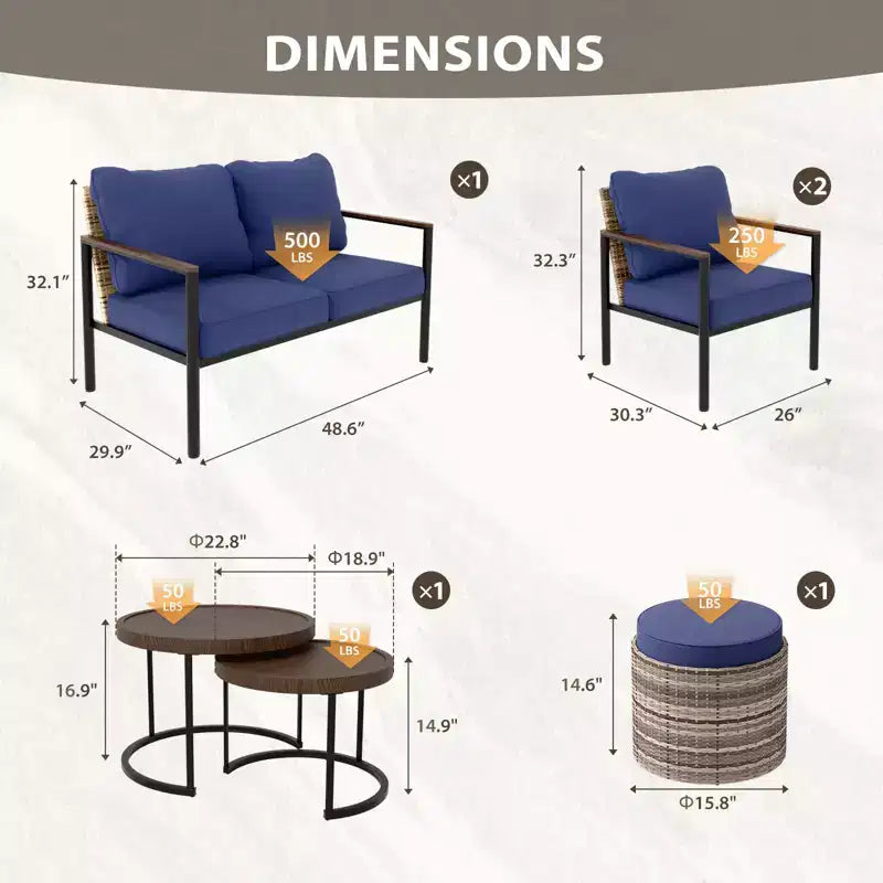 EAGLE PEAK Sunset Dune 6 Piece Collection Modern Outdoor Furniture Set, Patio Wicker Lounge Wood Grain