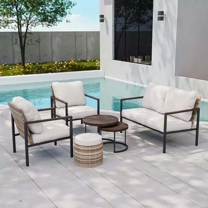 EAGLE PEAK Sunset Dune 6 Piece Collection Modern Outdoor Furniture Set, Patio Wicker Lounge Wood Grain