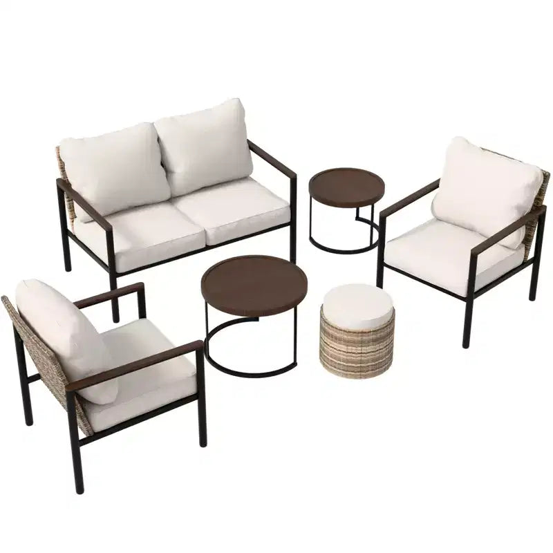 EAGLE PEAK Sunset Dune 6 Piece Collection Modern Outdoor Furniture Set, Patio Wicker Lounge Wood Grain
