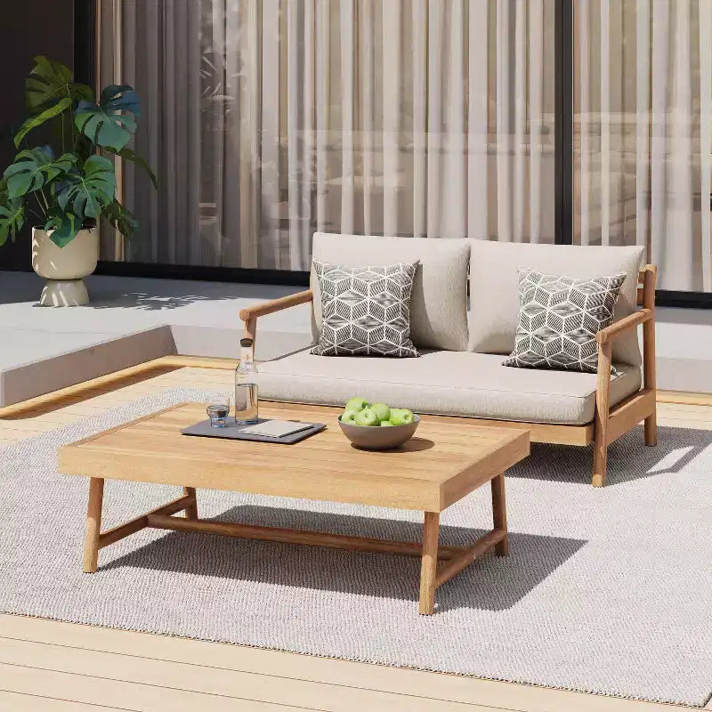 Christopher Knight Home Shane Rustic Outdoor Acacia Wood Upholstered Loveseat and Coffee Table Set