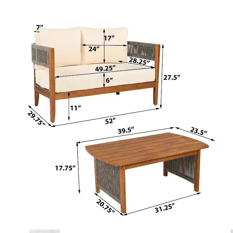 Christopher Knight Home Jett Patio Rustic Rope Weave Acacia Wood Loveseat and Coffee Table with Cushions