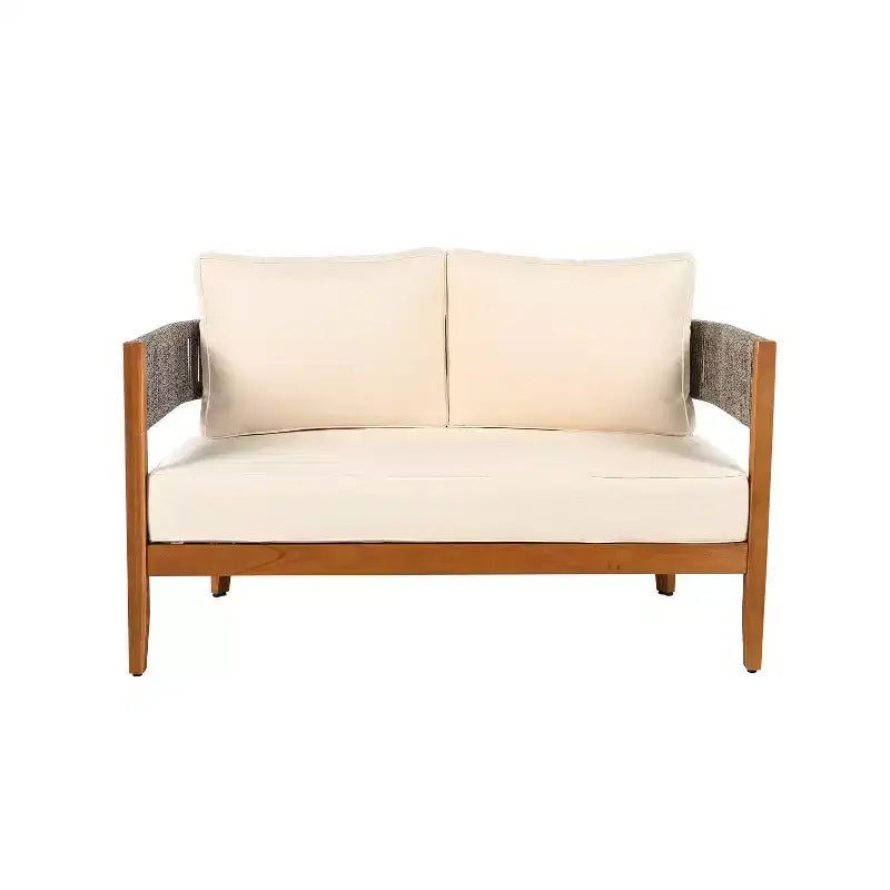 Christopher Knight Home Jett Patio Rustic Rope Weave Acacia Wood Loveseat and Coffee Table with Cushions