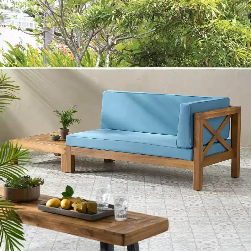 Christopher Knight Home Brava Outdoor Acacia Wood Right Arm Loveseat and Coffee Table Set with Cushion