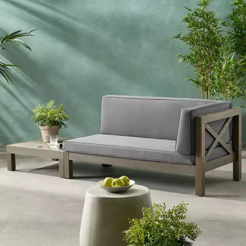 Christopher Knight Home Brava Outdoor Acacia Wood Right Arm Loveseat and Coffee Table Set with Cushion