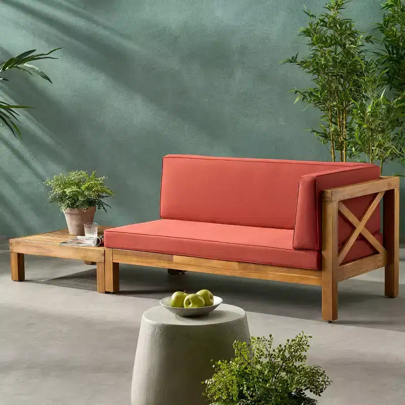 Christopher Knight Home Brava Outdoor Acacia Wood Right Arm Loveseat and Coffee Table Set with Cushion
