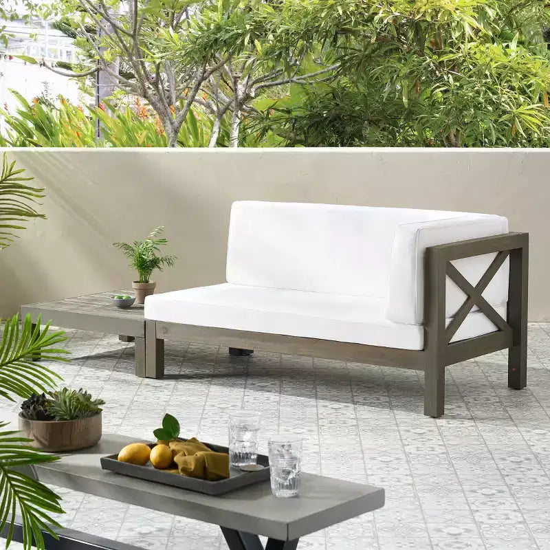 Christopher Knight Home Brava Outdoor Acacia Wood Right Arm Loveseat and Coffee Table Set with Cushion