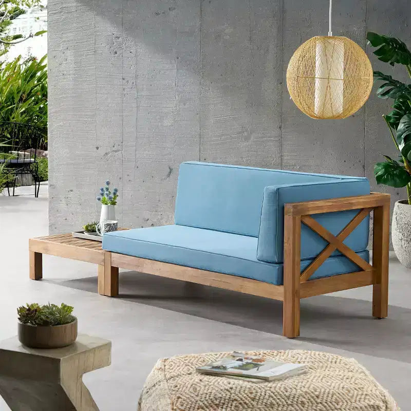 Christopher Knight Home Brava Outdoor-Loveseat aus Akazienholz mit Armlehne rechts und Couchtisch-Set inklusive Polster