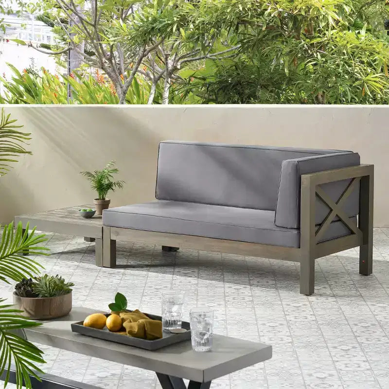 Christopher Knight Home Brava Outdoor-Loveseat aus Akazienholz mit Armlehne rechts und Couchtisch-Set inklusive Polster