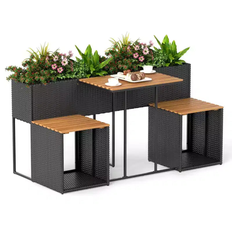 Costway Patio Furniture Set with Raised Garden Bed Built-in Chairs and Storage Space
