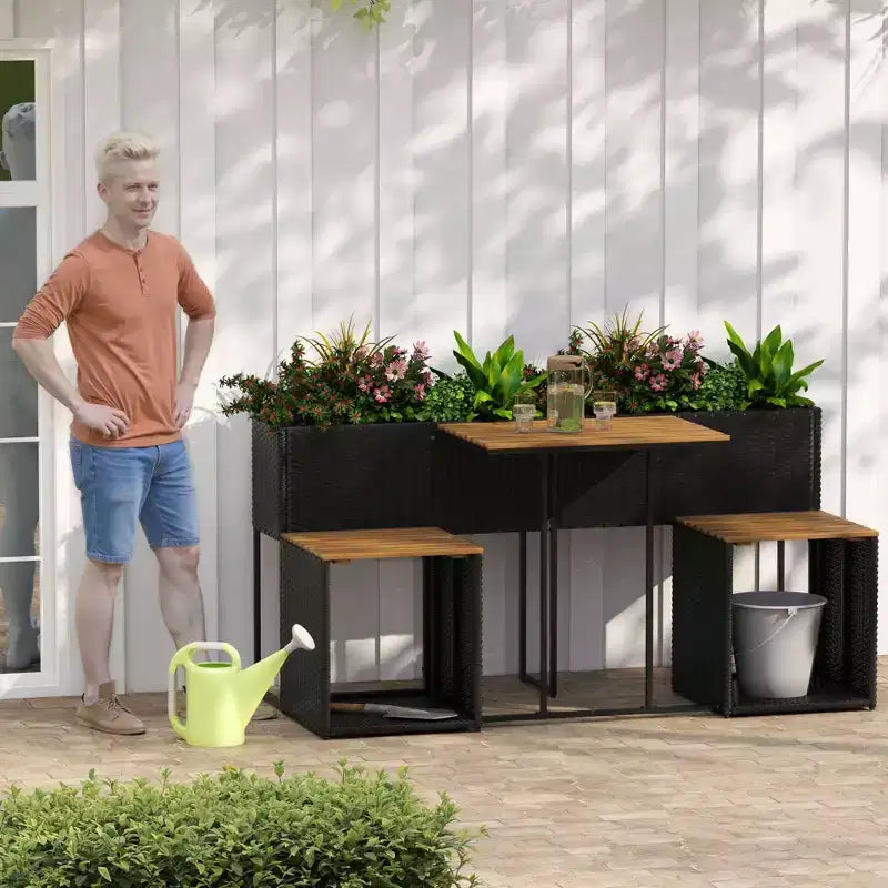 Costway Patio Furniture Set with Raised Garden Bed Built-in Chairs and Storage Space