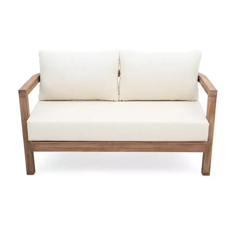 GDFStudio Aston Outdoor Acacia Wood Loveseat and Coffee Table with Cushions