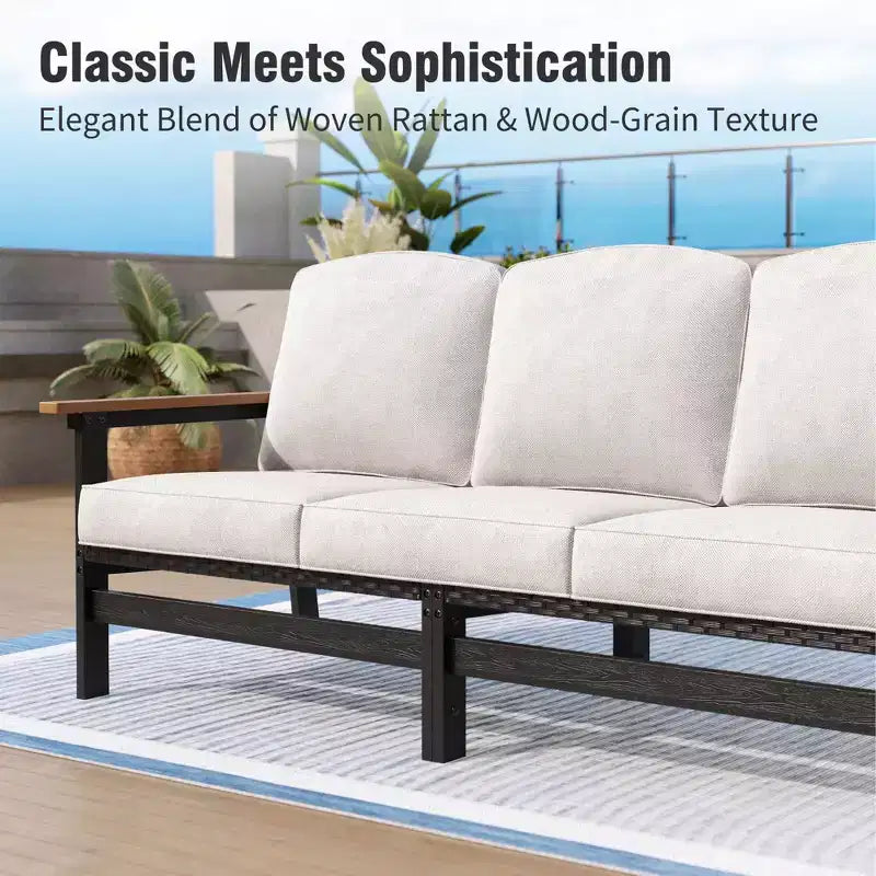 All Weather HDPE Outdoor Patio Furniture Conversation Set with Beige Cushions and Coffee Table