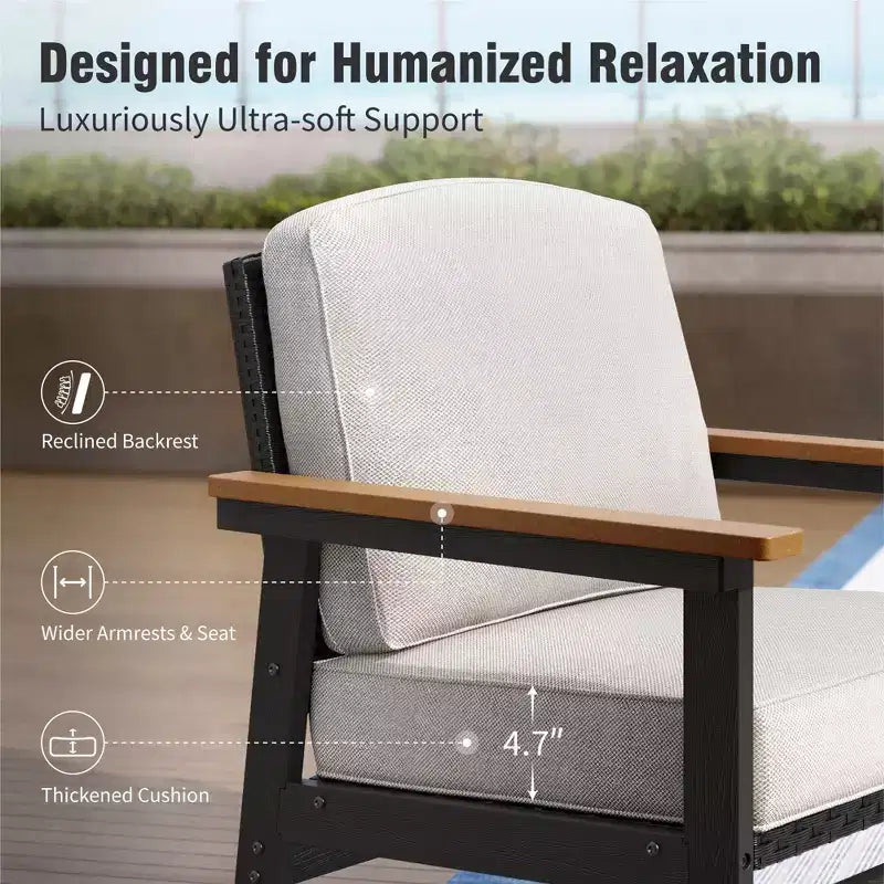 All Weather HDPE Outdoor Patio Furniture Conversation Set with Beige Cushions and Coffee Table