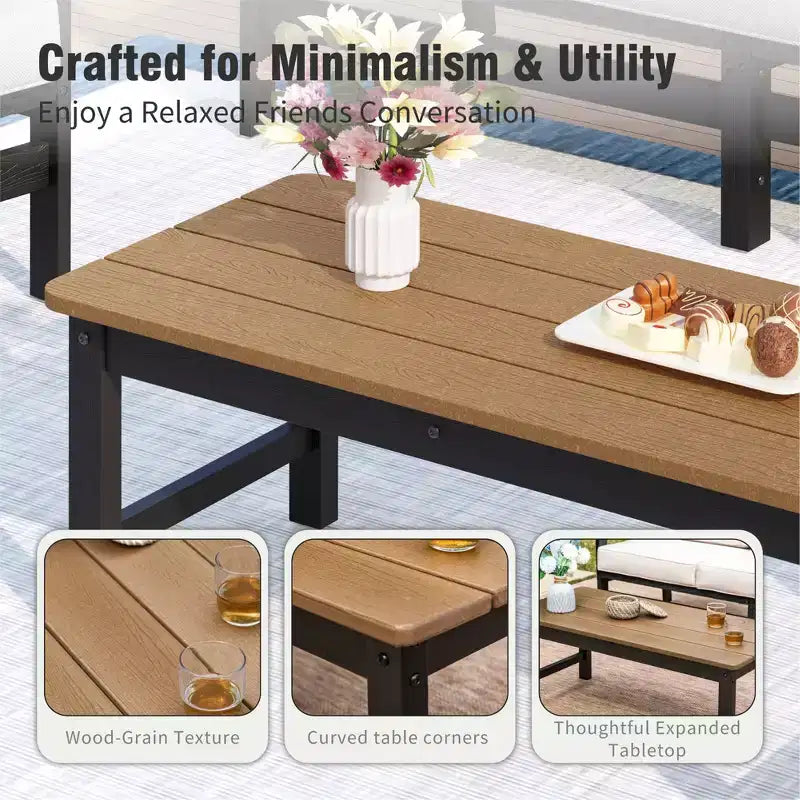 All Weather HDPE Outdoor Patio Furniture Conversation Set with Beige Cushions and Coffee Table