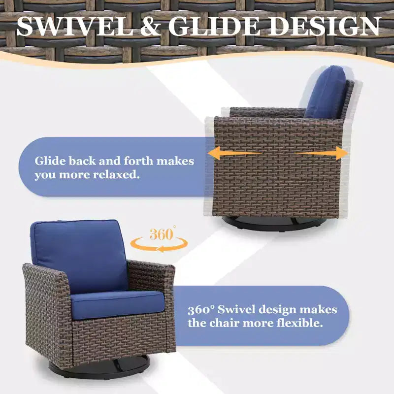 EAGLE PEAK Ocean Vista 4 piece Wicker Outdoor Patio Seating Set, Variated Wicker Conversation Swivel Chairs Set with Cushions