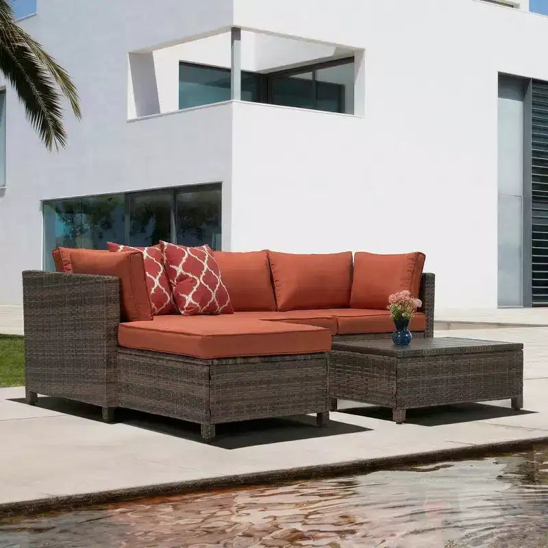 3-teiliges Terrassen-Sitzgruppen-Set mit Polstern und Couchtisch