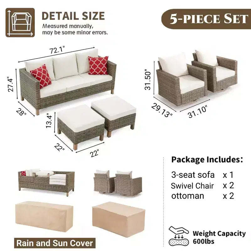 5 Piece Conversation Patio Furniture Set With Swivel Chairs and Cushions