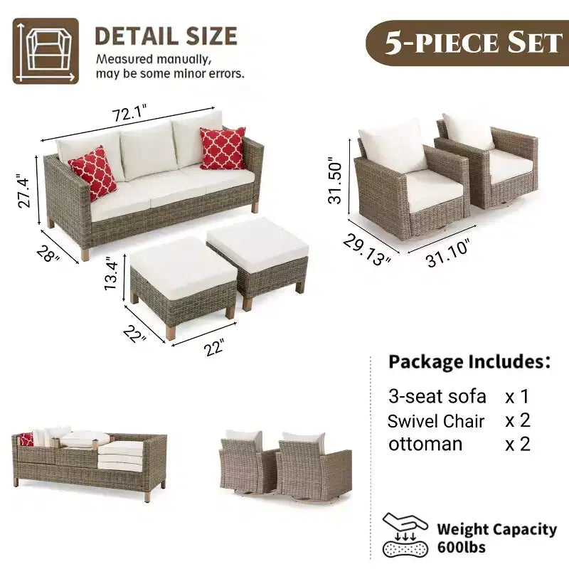 5 Piece Conversation Patio Furniture Set With Swivel Chairs and Cushions