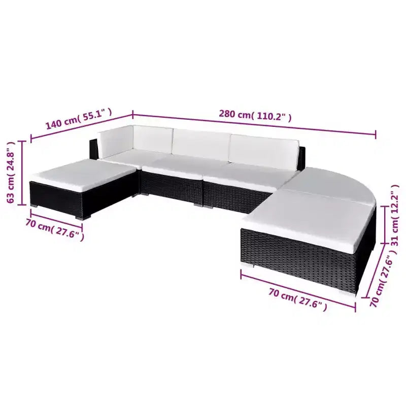 vidaXL 6 Piece Patio Lounge Set with Cushions Poly Rattan Black