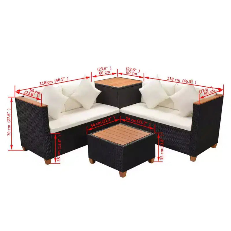 vidaXL 4 Piece Lounge Set - Poly Rattan Patio Furniture with Cushions and Storage Box, Perfect for Garden/Patio, Black and Cream White