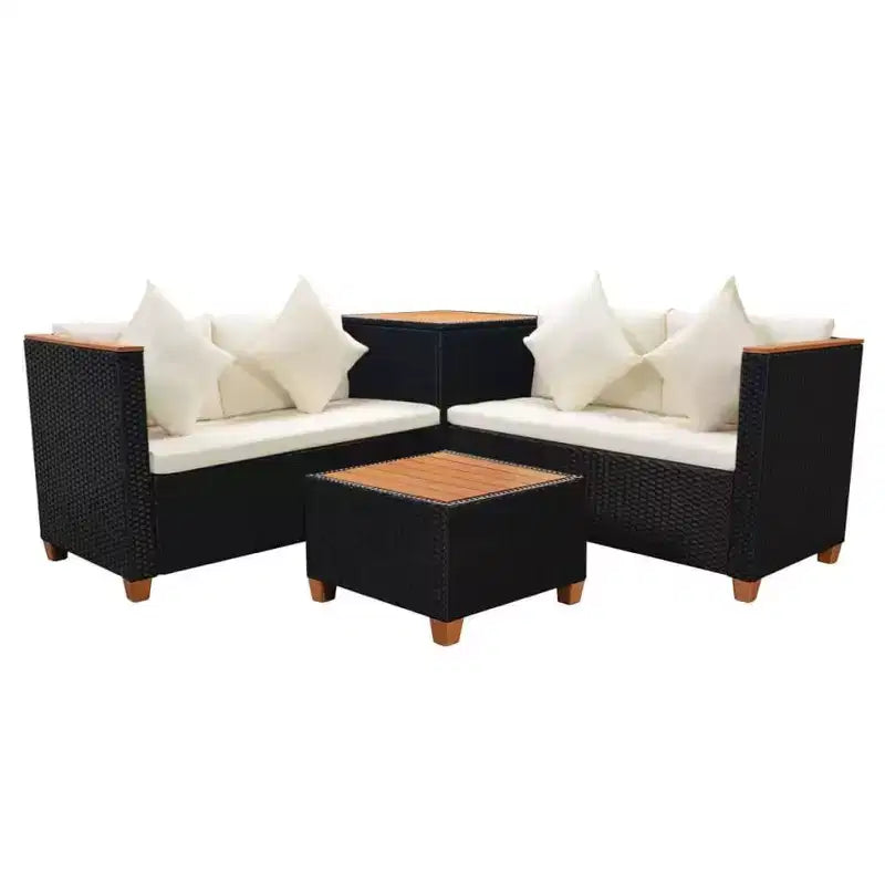 vidaXL 4 Piece Lounge Set - Poly Rattan Patio Furniture with Cushions and Storage Box, Perfect for Garden/Patio, Black and Cream White