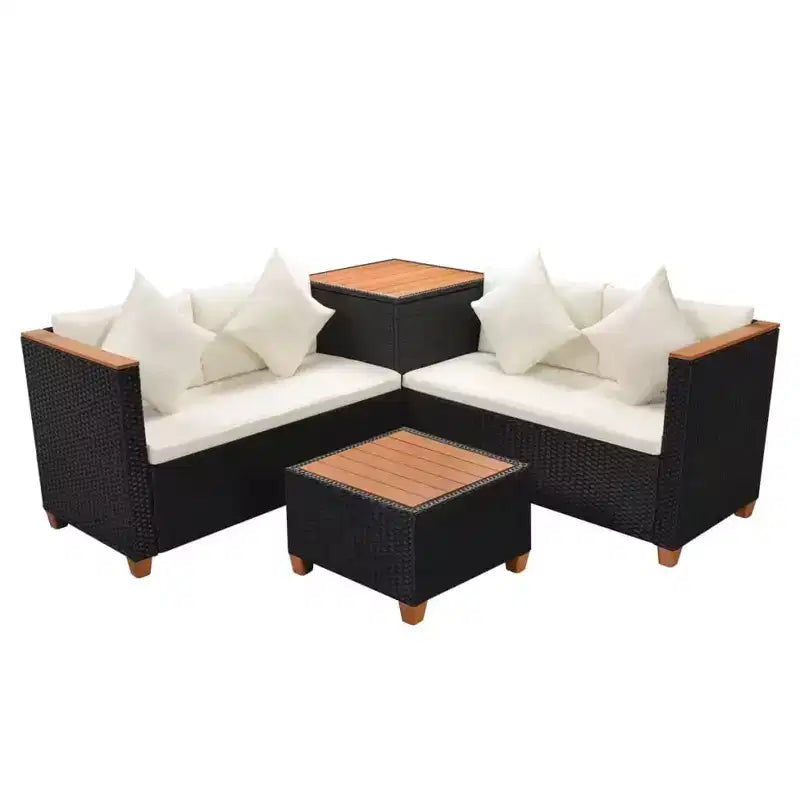 vidaXL 4 Piece Lounge Set - Poly Rattan Patio Furniture with Cushions and Storage Box, Perfect for Garden/Patio, Black and Cream White
