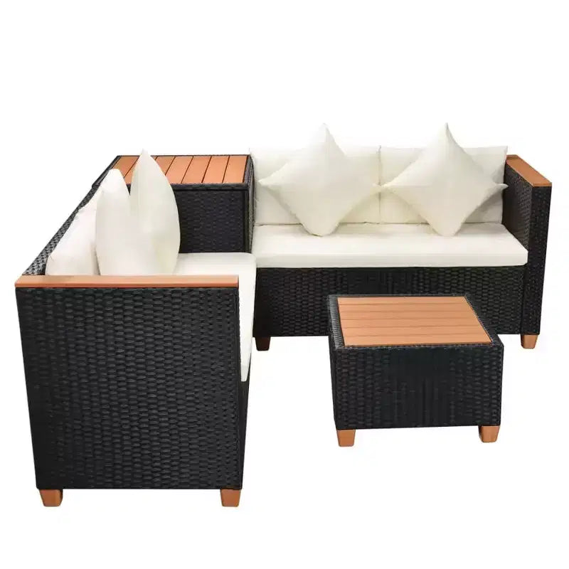 vidaXL 4 Piece Lounge Set - Poly Rattan Patio Furniture with Cushions and Storage Box, Perfect for Garden/Patio, Black and Cream White