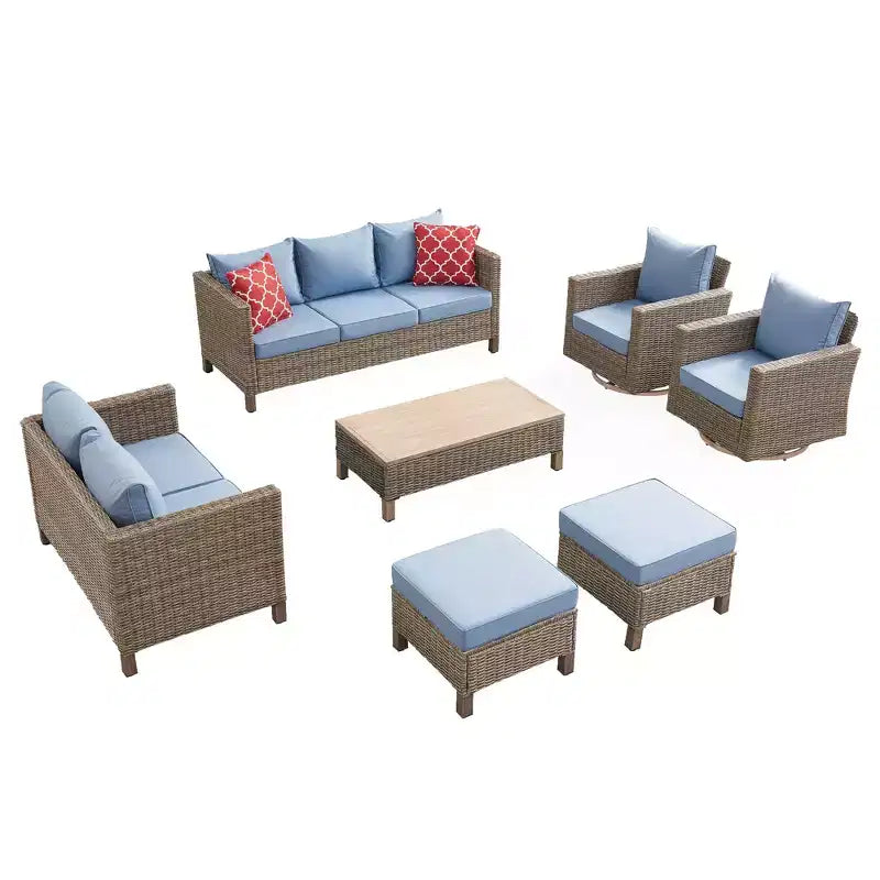 7-teiliges Terrassen-Sitzgruppen-Set mit Schwenkstühlen und Couchtisch