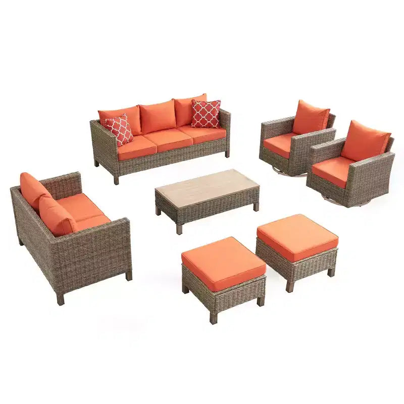 7-teiliges Terrassen-Sitzgruppen-Set mit Schwenkstühlen und Couchtisch