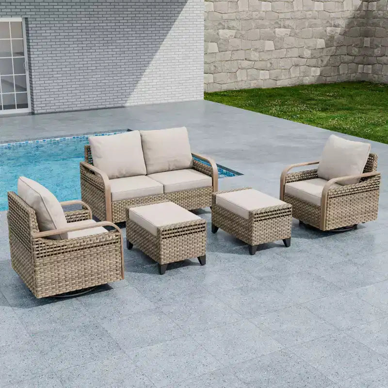 EAGLE PEAK Wicker Outdoor Patio Conversation Set, 2 Swivel Rocking Chairs, 2-Seat Loveseat and 2 Ottomans, 5 Pieces