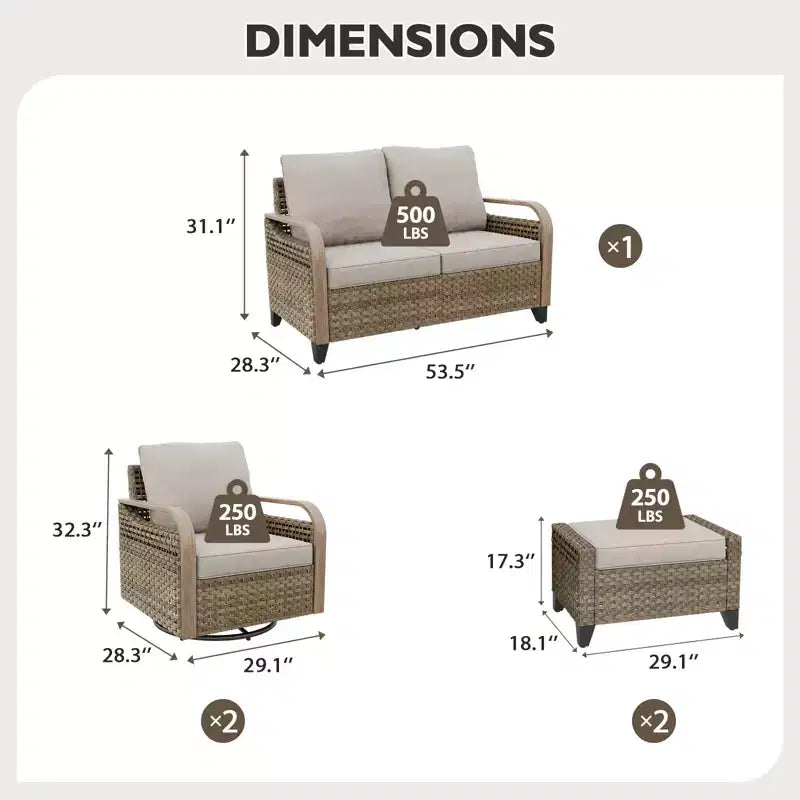 EAGLE PEAK Wicker Outdoor Patio Conversation Set, 2 Swivel Rocking Chairs, 2-Seat Loveseat and 2 Ottomans, 5 Pieces