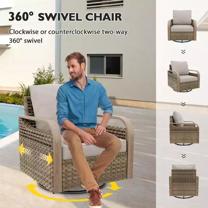 EAGLE PEAK Wicker Outdoor Patio Conversation Set, 2 Swivel Rocking Chairs, 2-Seat Loveseat and 2 Ottomans, 5 Pieces