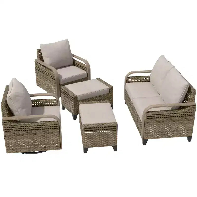 EAGLE PEAK Wicker Outdoor Patio Conversation Set, 2 Swivel Rocking Chairs, 2-Seat Loveseat and 2 Ottomans, 5 Pieces