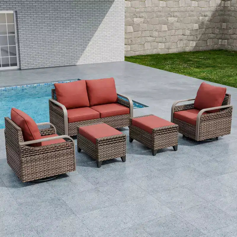EAGLE PEAK Wicker Outdoor Patio Conversation Set, 2 Swivel Rocking Chairs, 2-Seat Loveseat and 2 Ottomans, 5 Pieces