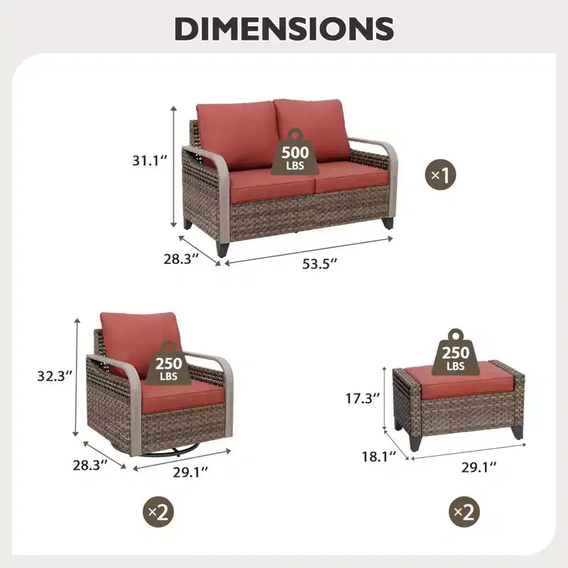 EAGLE PEAK Wicker Outdoor Patio Conversation Set, 2 Swivel Rocking Chairs, 2-Seat Loveseat and 2 Ottomans, 5 Pieces