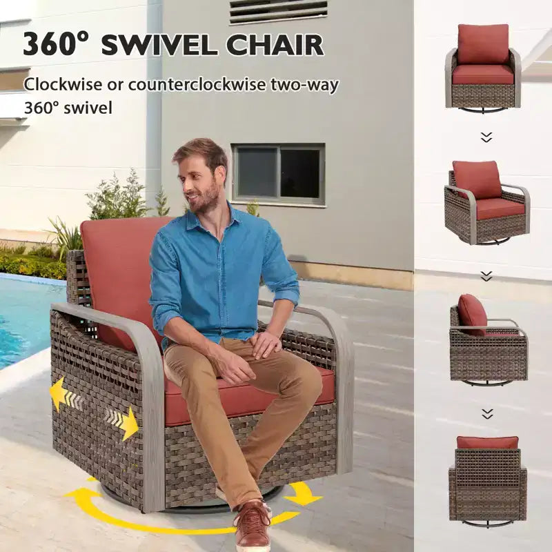 EAGLE PEAK Wicker Outdoor Patio Conversation Set, 2 Swivel Rocking Chairs, 2-Seat Loveseat and 2 Ottomans, 5 Pieces