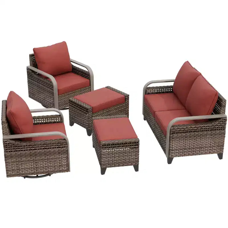 EAGLE PEAK Wicker Outdoor Patio Conversation Set, 2 Swivel Rocking Chairs, 2-Seat Loveseat and 2 Ottomans, 5 Pieces