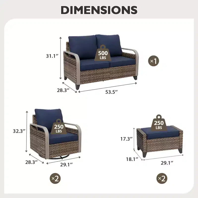 EAGLE PEAK Wicker Outdoor Patio Conversation Set, 2 Swivel Rocking Chairs, 2-Seat Loveseat and 2 Ottomans, 5 Pieces