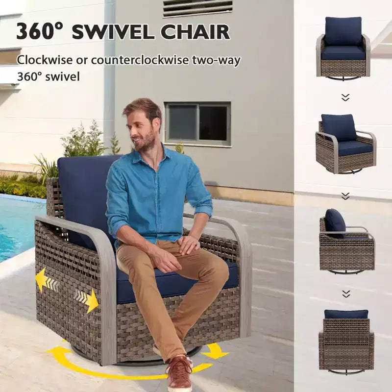 EAGLE PEAK Wicker Outdoor Patio Conversation Set, 2 Swivel Rocking Chairs, 2-Seat Loveseat and 2 Ottomans, 5 Pieces