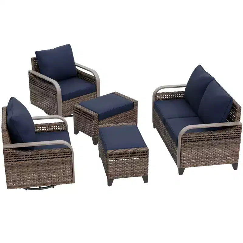 EAGLE PEAK Wicker Outdoor Patio Conversation Set, 2 Swivel Rocking Chairs, 2-Seat Loveseat and 2 Ottomans, 5 Pieces