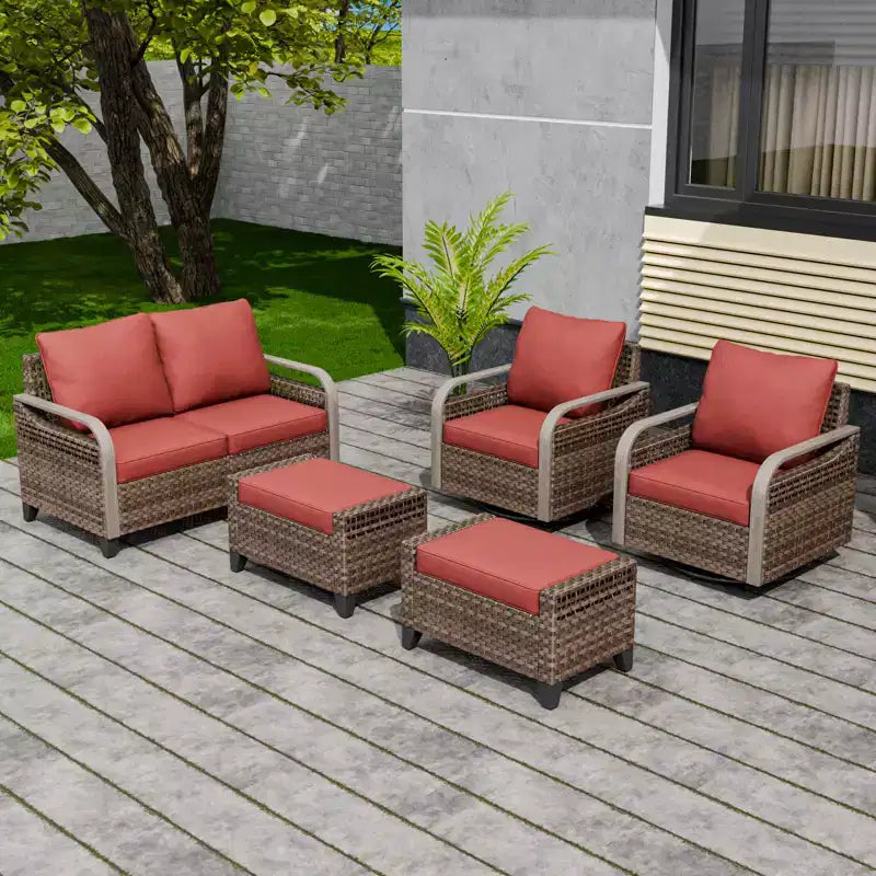 EAGLE PEAK Outdoor-Sitzgruppe aus Korbgeflecht, 2 Schaukelstühle mit Drehfunktion, 2-Sitzer-Sofa und 2 Fußhocker, 5-teilig