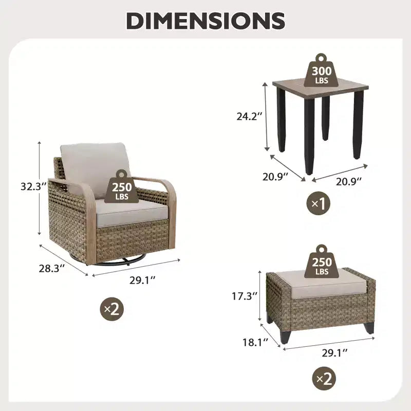 EAGLE PEAK Wicker Bistro Table and Chairs, Outdoor Patio Furniture, Swivel Rocking Chairs Ottomans & Table, 5 Piece Set