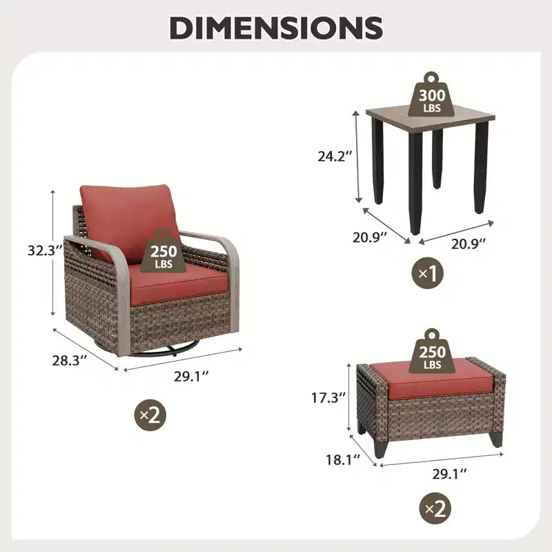 EAGLE PEAK Wicker Bistro Table and Chairs, Outdoor Patio Furniture, Swivel Rocking Chairs Ottomans & Table, 5 Piece Set