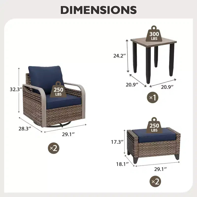 EAGLE PEAK Wicker Bistro Table and Chairs, Outdoor Patio Furniture, Swivel Rocking Chairs Ottomans & Table, 5 Piece Set