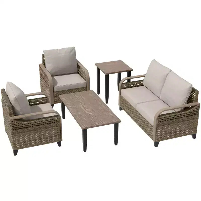 EAGLE PEAK Wicker Outdoor Patio Conversation Set, 2 Chairs, 2-Seat Loveseat, Coffee Table and Side Table, 5 Pieces