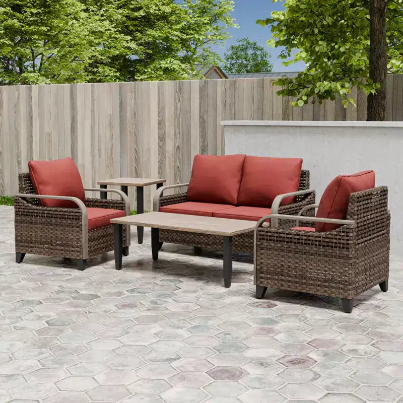 EAGLE PEAK Korbgeflecht Outdoor-Terrassen-Sitzgruppe, 2 Stühle, 2-Sitzer Sofa, Couchtisch und Beistelltisch, 5-teilig