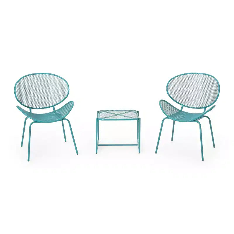 Christopher Knight Home James Outdoor 3 Piece Chat Set with Powder-Coated Iron Shell Chairs and Mesh Table