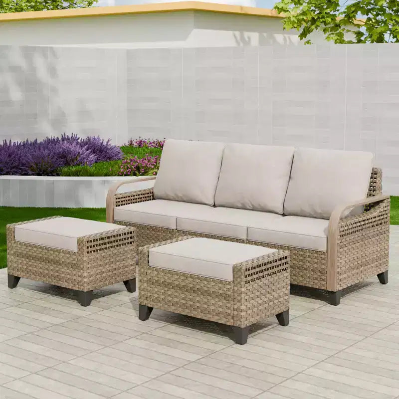 EAGLE PEAK Outdoor Rattan Furniture Set, Wicker Patio Couch, PE Rattan 3-Seat Sofa with Ottoman